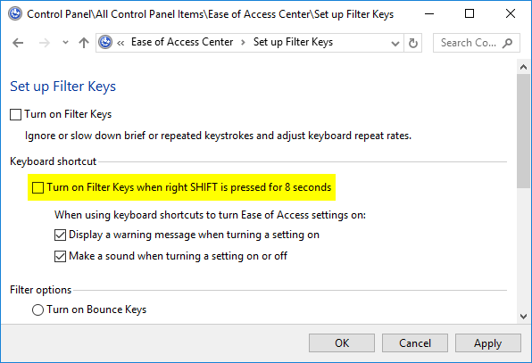 Enable and Disable Filter Keys